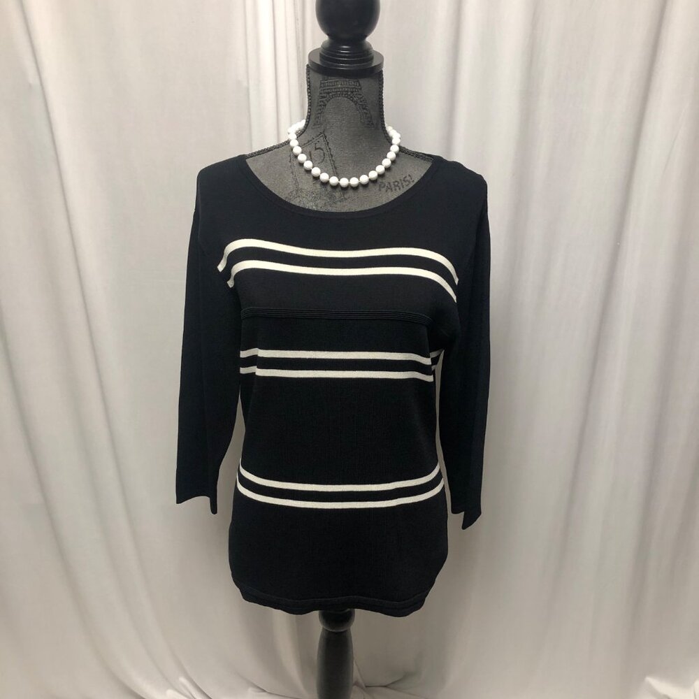 Bill Blass Sweater Womens Size Medium Black White Stripe Knit Top Office Casual